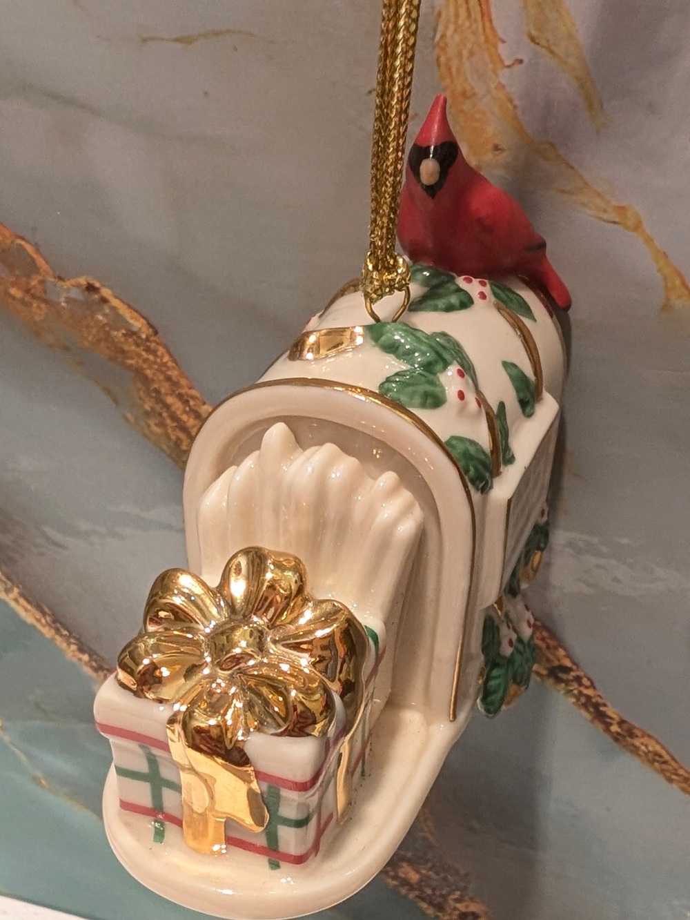Lenox Ceramic Christmas Mailbox Ornament in White, Red and Green with Gold Loop